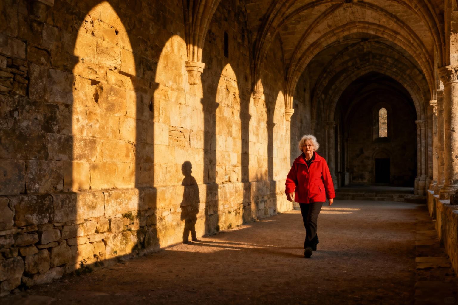 Femme âgée en veste rouge marchant sous une voûte en pierre d'une abbaye romane, éclairage doré du couchant