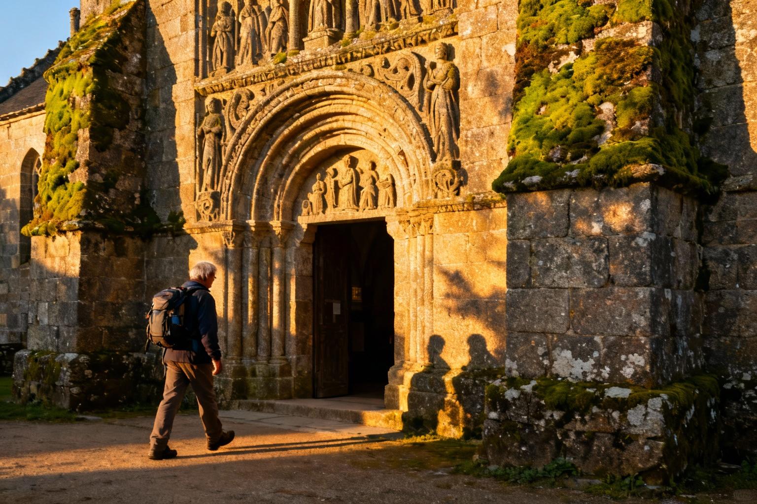 Église romane en Bretagne avec murs en pierre couverts de mousse et pèlerin marchant vers l'entrée