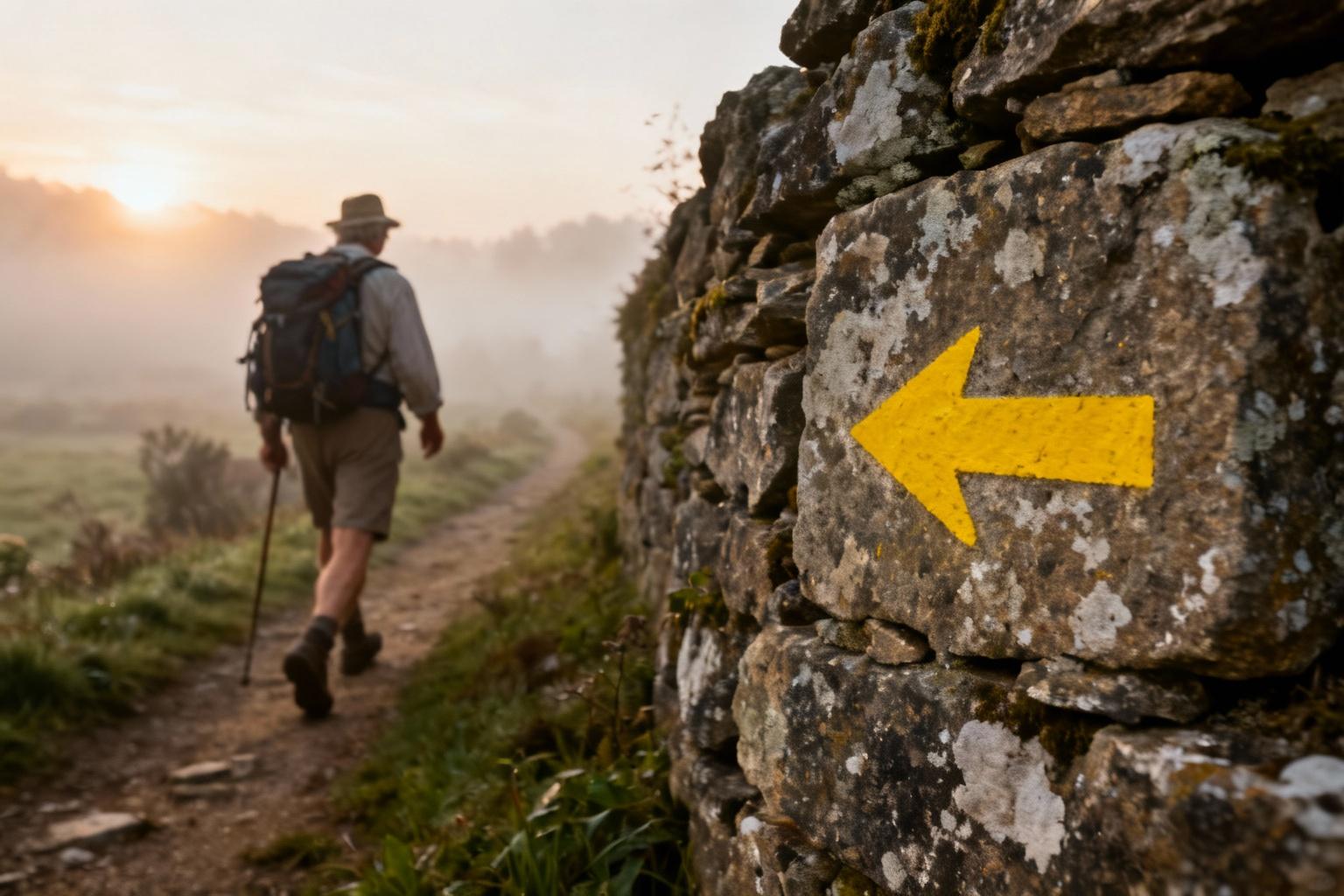 Pèlerin des années 50 marchant sur le camino de santiago avec un sac à dos, flèche jaune sur un mur en pierre
