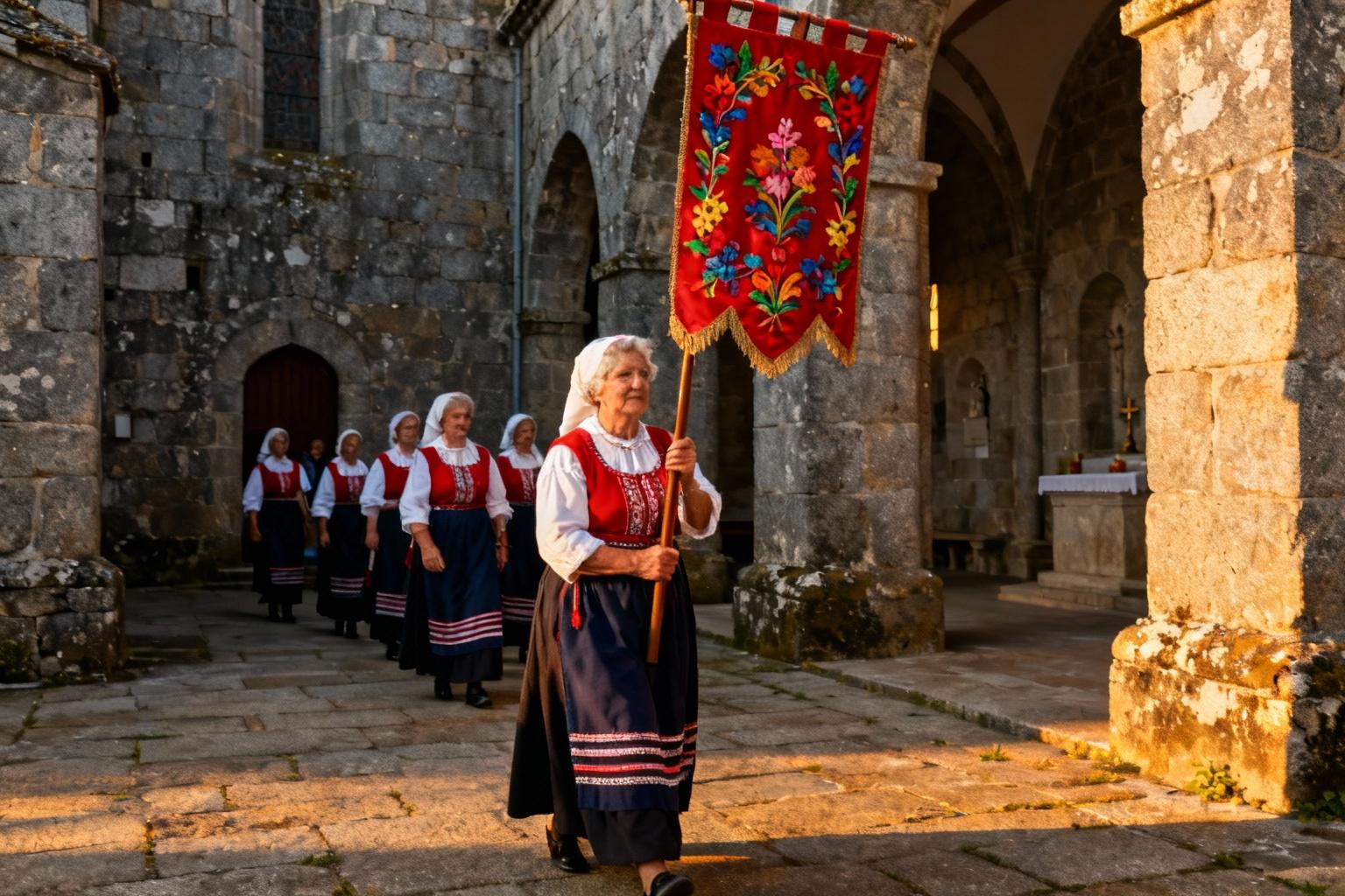 Femme âgée en costume breton traditionnel portant une bannière brodée lors d'une procession dans une cour de chapelle en pierre
