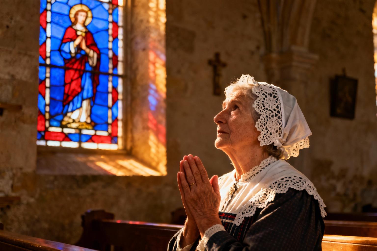 Femme âgée en coiffe bretonne traditionnelle priant dans une chapelle avec vitraux colorés
