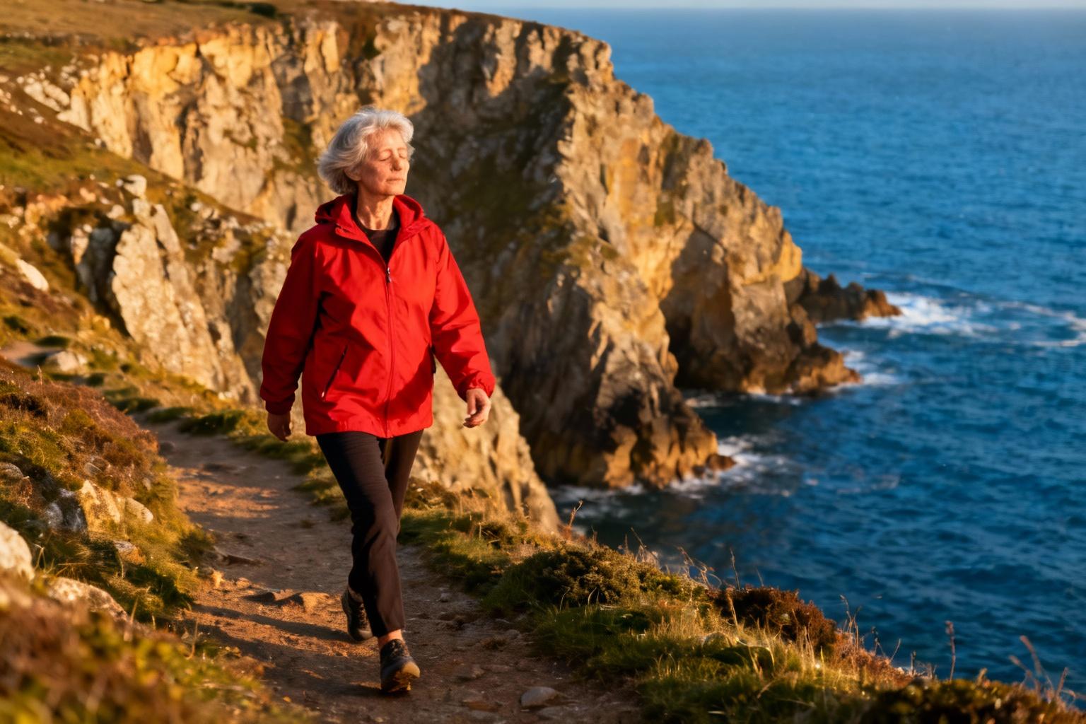 Femme de 58 ans en veste rouge effectuant une marche méditative sur le sentier côtier de Bretagne avec l'océan en arrière-plan