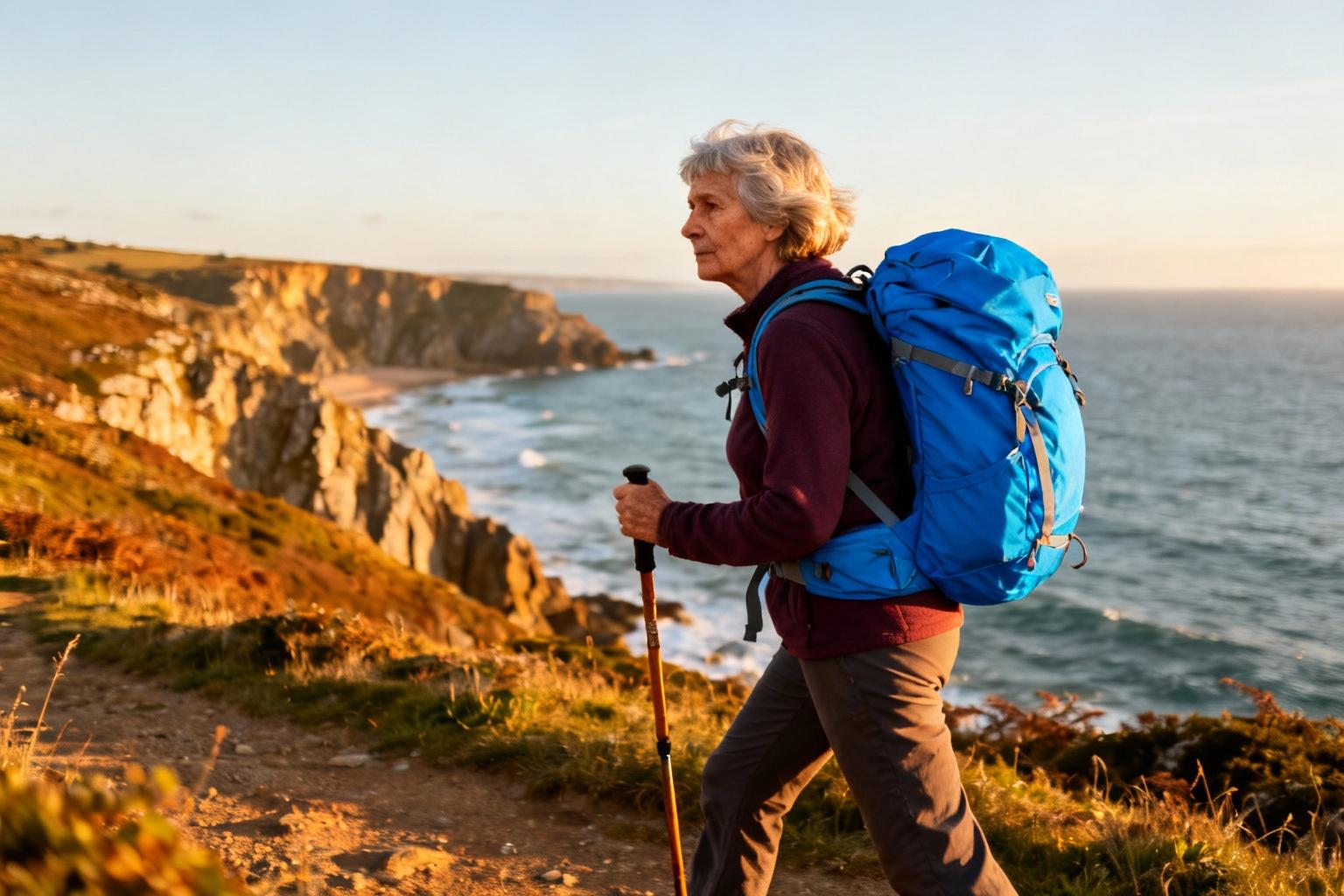 Femme âgée avec sac à dos bleu marche sur un sentier côtier en Bretagne avec une canne, paysage dramatique en arrière-plan
