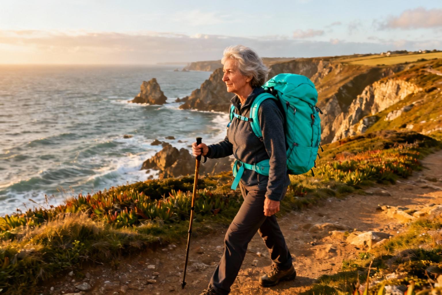 Femme de 60 ans avec un sac à dos turquoise marchant sur un chemin côtier breton avec vue sur la mer, bâton de marche à la main