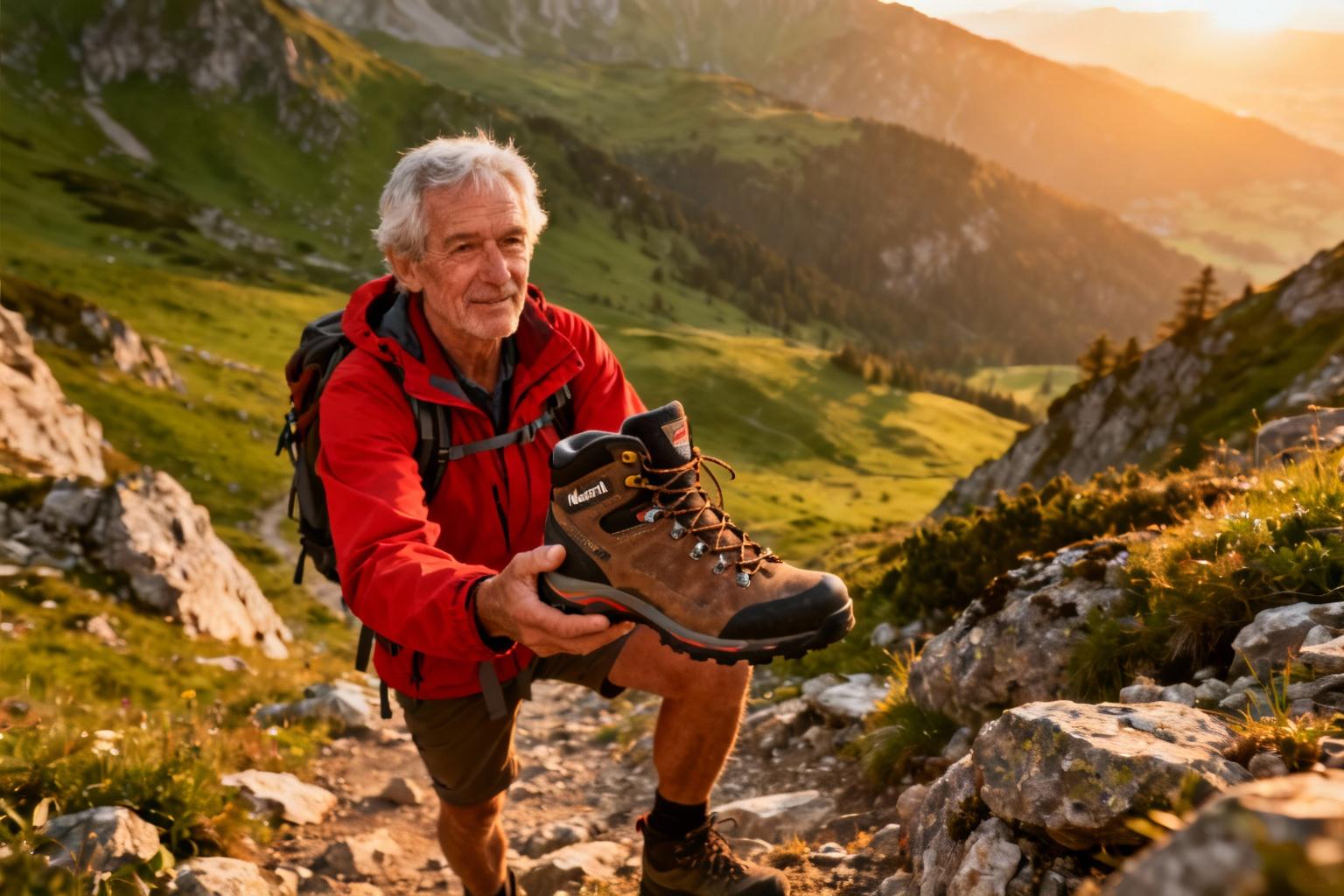 Homme âgé portant une veste rouge vibrante tenant des chaussures de randonnée Meindl sur un sentier montagneux