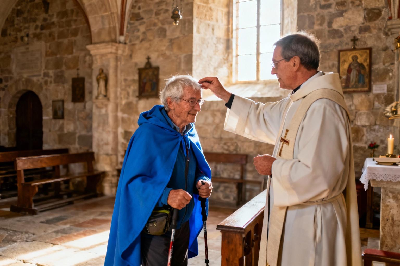 Pèlerin âgé en cape bleue recevant une bénédiction traditionnelle d'un prêtre dans une chapelle en pierre