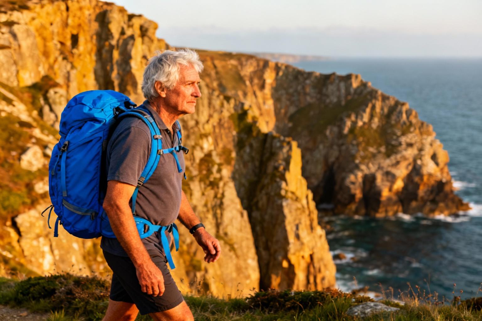 Pèlerin de 60 ans avec un sac à dos bleu vif marchant sur un sentier côtier en Bretagne avec des falaises en arrière-plan