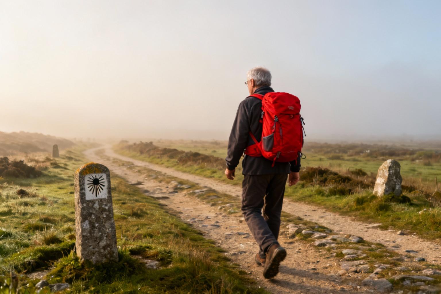 Pèlerin d'âge mûr avec un sac à dos rouge vif marchant sur un chemin de pierre breton par une matinée brumeuse