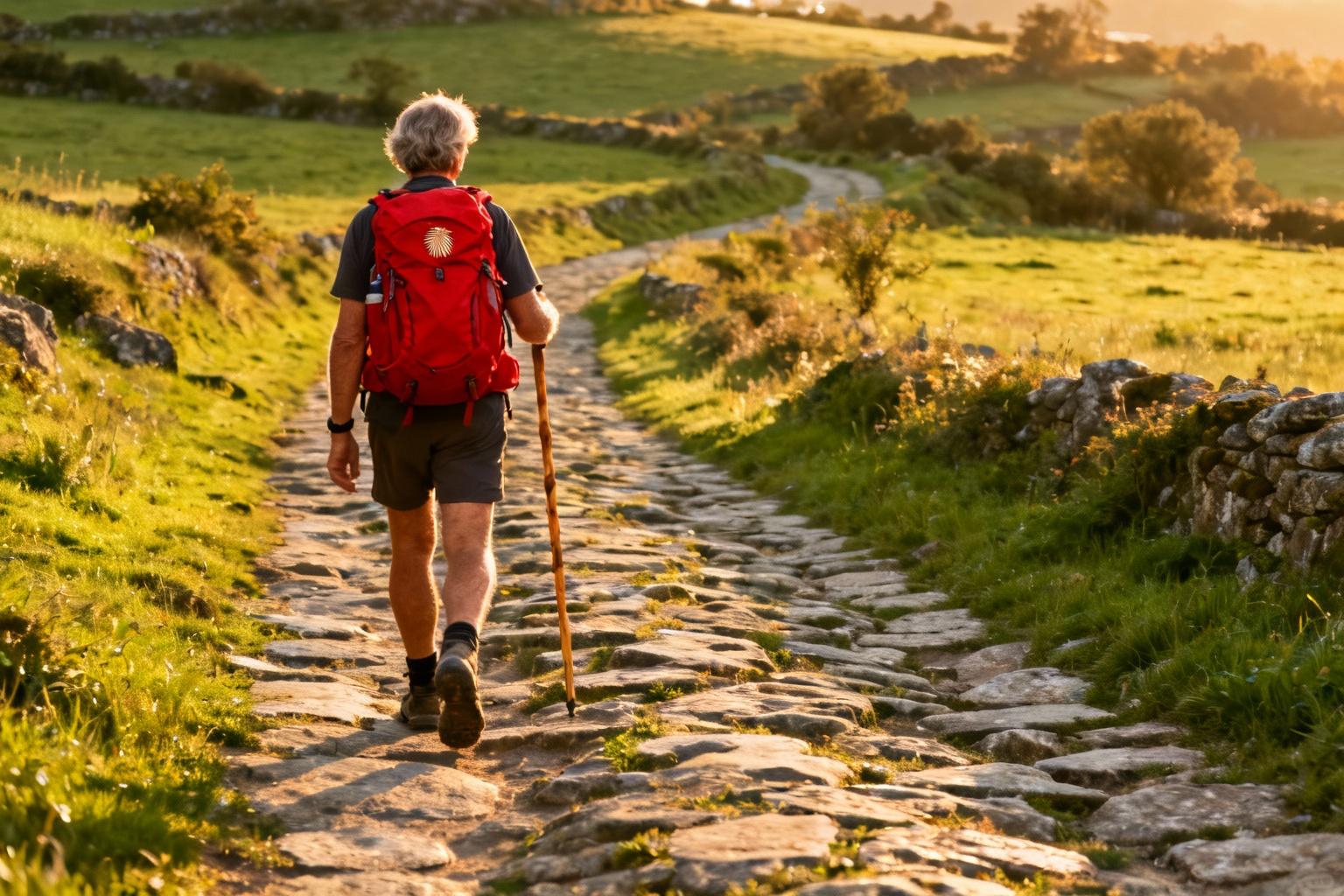Pèlerin européen avec un sac à dos rouge vif marchant sur le camino de Santiago, sentier de pierre ancien à travers la campagne verte