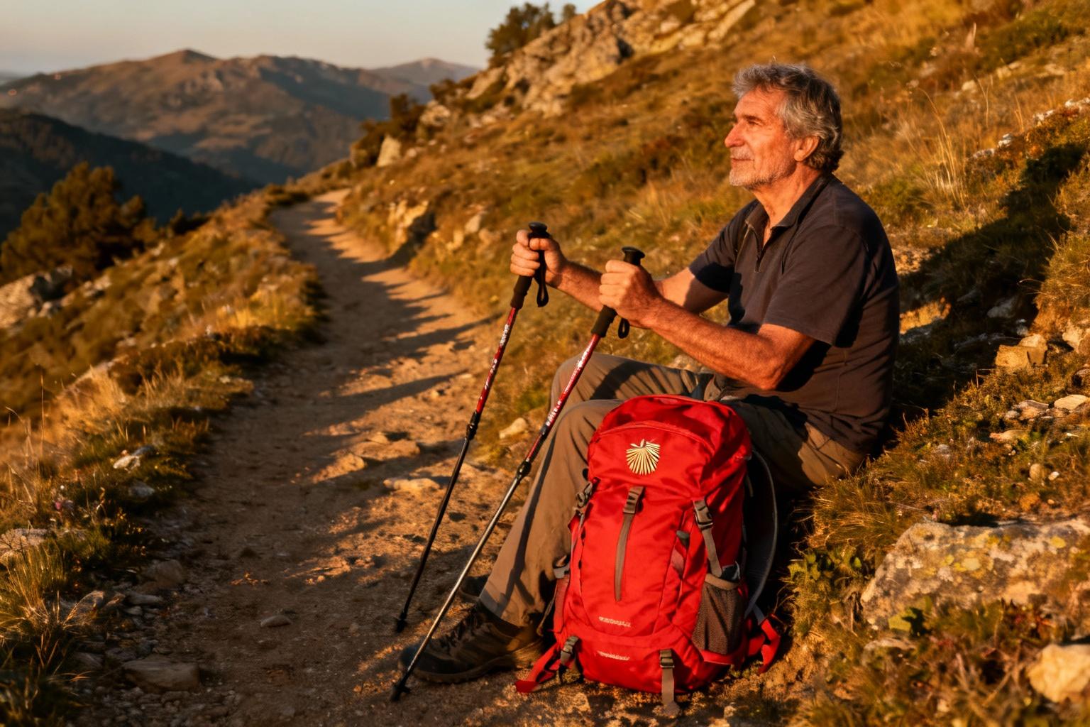 Pèlerin de 55 ans assis sur un sentier de montagne avec un sac à dos rouge vif et des bâtons de marche pendant le camino de santiago