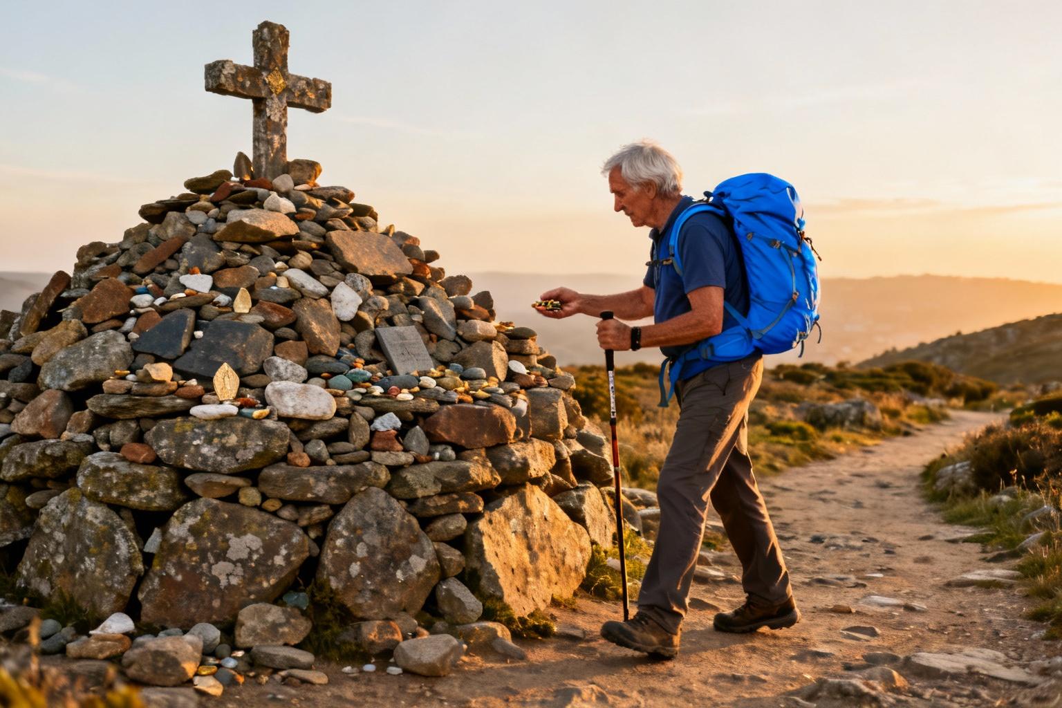 Un pèlerin de 60 ans dépose une pierre au sommet du Cruz de Ferro lors d'un coucher de soleil doré