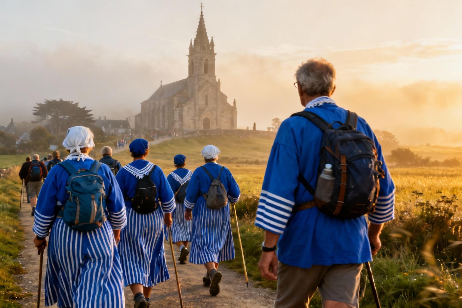 Groupe de pèlerins en costume traditionnel breton bleu marchant vers la basilique Notre-Dame du Folgoët sous une lumière matinale