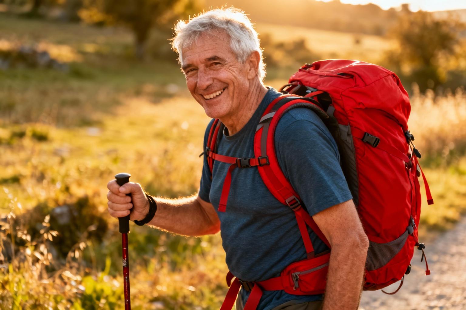 Pèlerin âgé souriant avec un sac à dos rouge marche sur le chemin de Compostelle au coucher du soleil