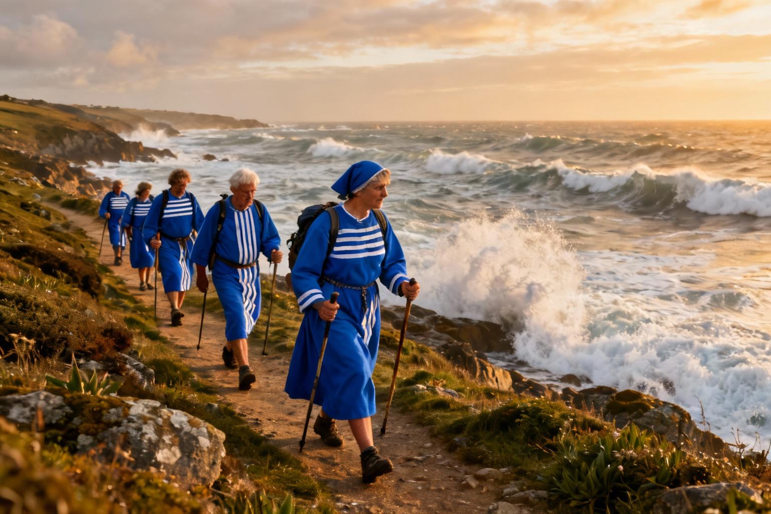 Groupe de pèlerins en habits traditionnels bretons bleus marchant le long d'un sentier côtier avec vue sur l'océan