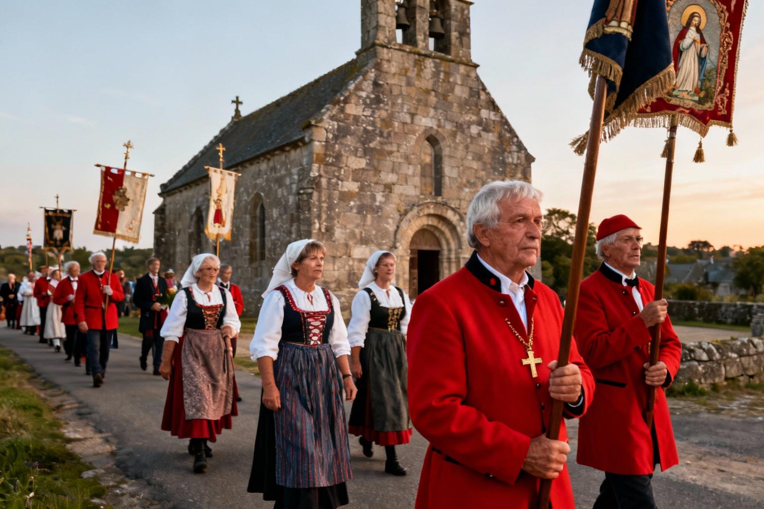 Participants en costumes traditionnels bretons marchant en procession devant une ancienne chapelle en pierre