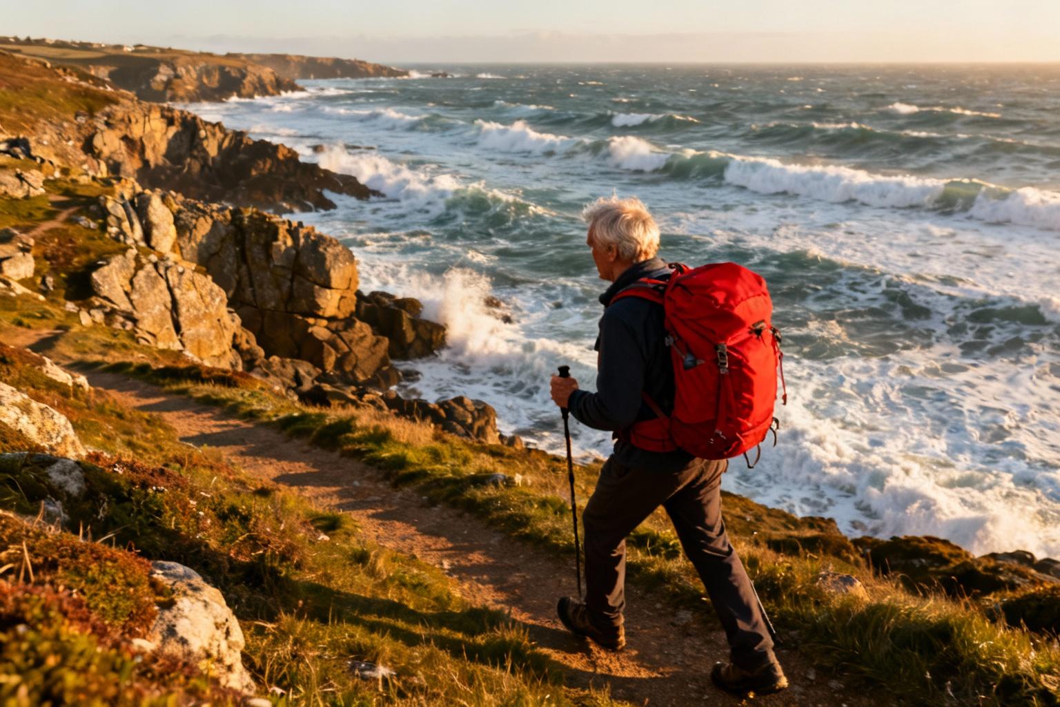 Randonneur âgé avec sac à dos rouge marchant sur un sentier côtier en Bretagne avec vagues en arrière-plan