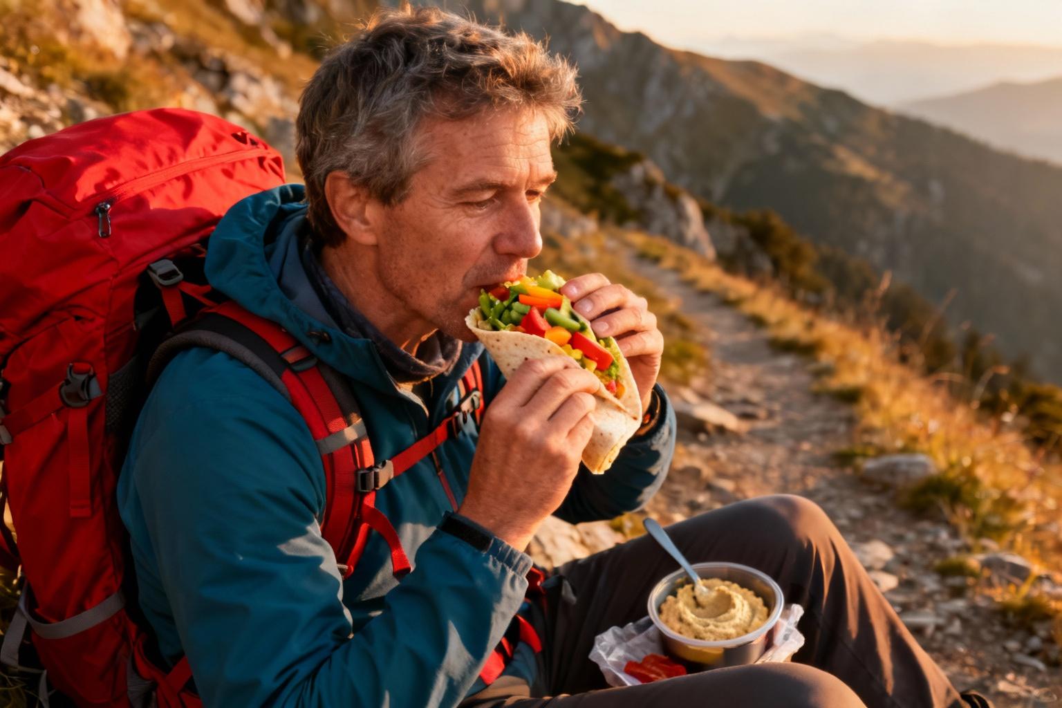 Randonneur européen de 45 ans préparant un wrap aux légumes colorés et houmous sur un sentier de montagne avec un sac à dos rouge