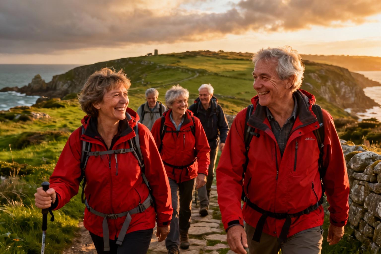 Groupe de randonneurs âgés de 50 à 65 ans marchant sur un ancien sentier côtier breton, vêtus de vestes rouges vives