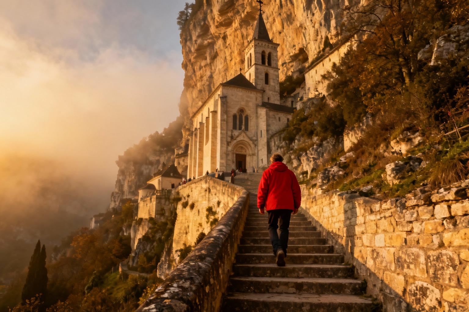 Pèlerin en veste rouge montant les escaliers en pierre du sanctuaire de Rocamadour, avec une atmosphère de brouillard matinal