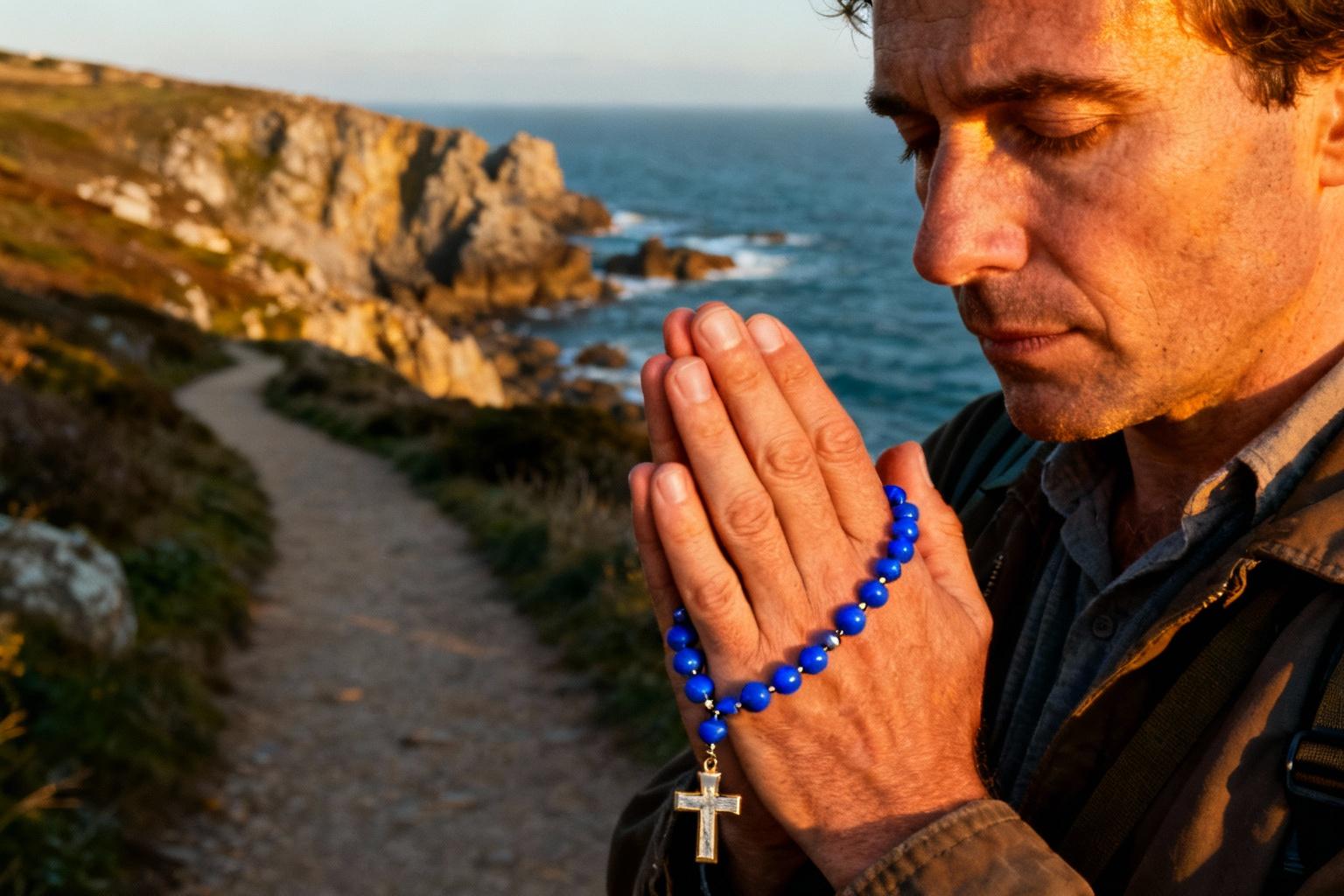 Homme âgé en prière avec des perles de rosaire bleues sur un sentier côtier, ciel doré et mer en arrière-plan