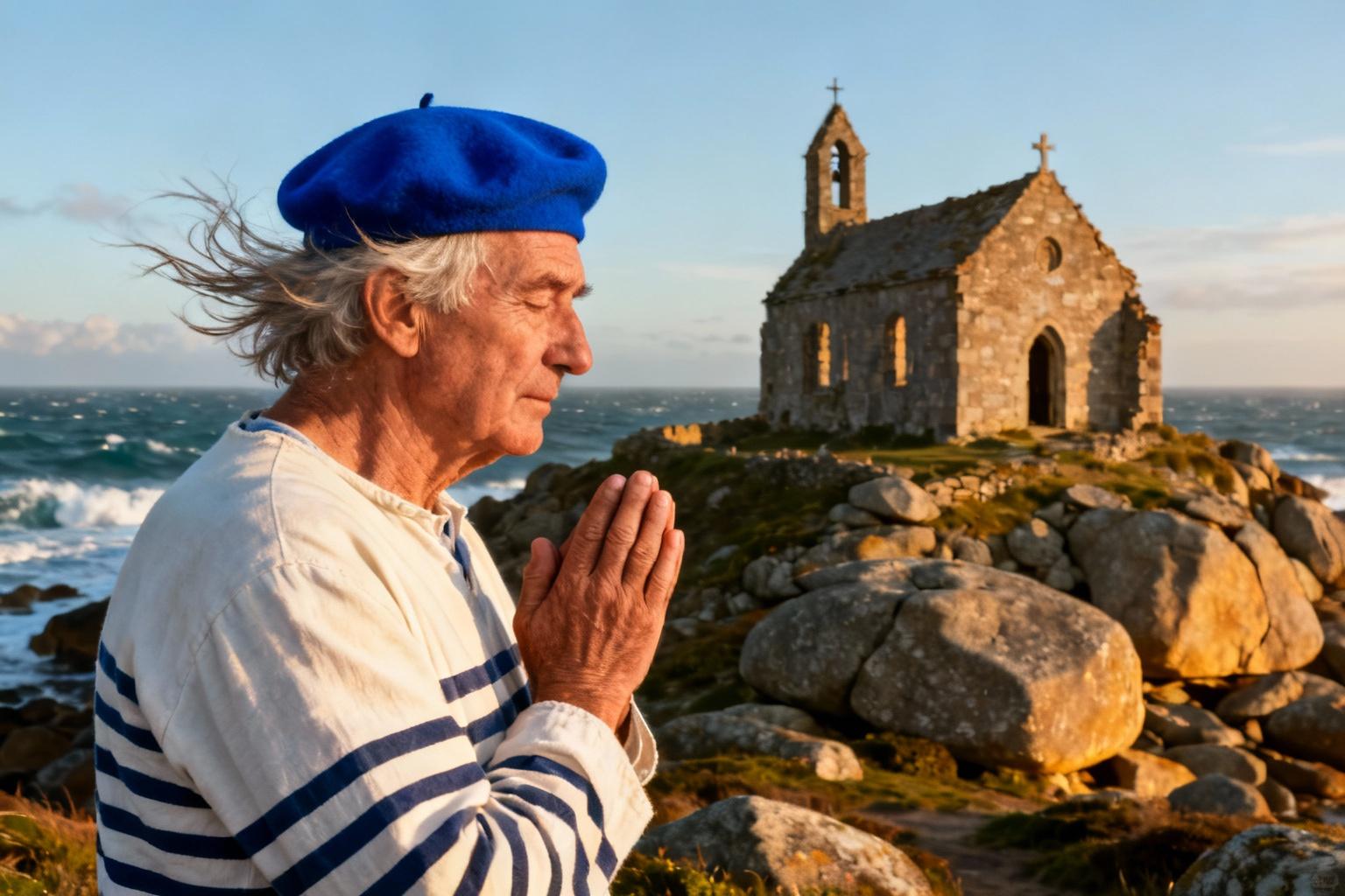 Homme âgé en costume traditionnel breton priant devant les ruines d'une chapelle au bord de la mer
