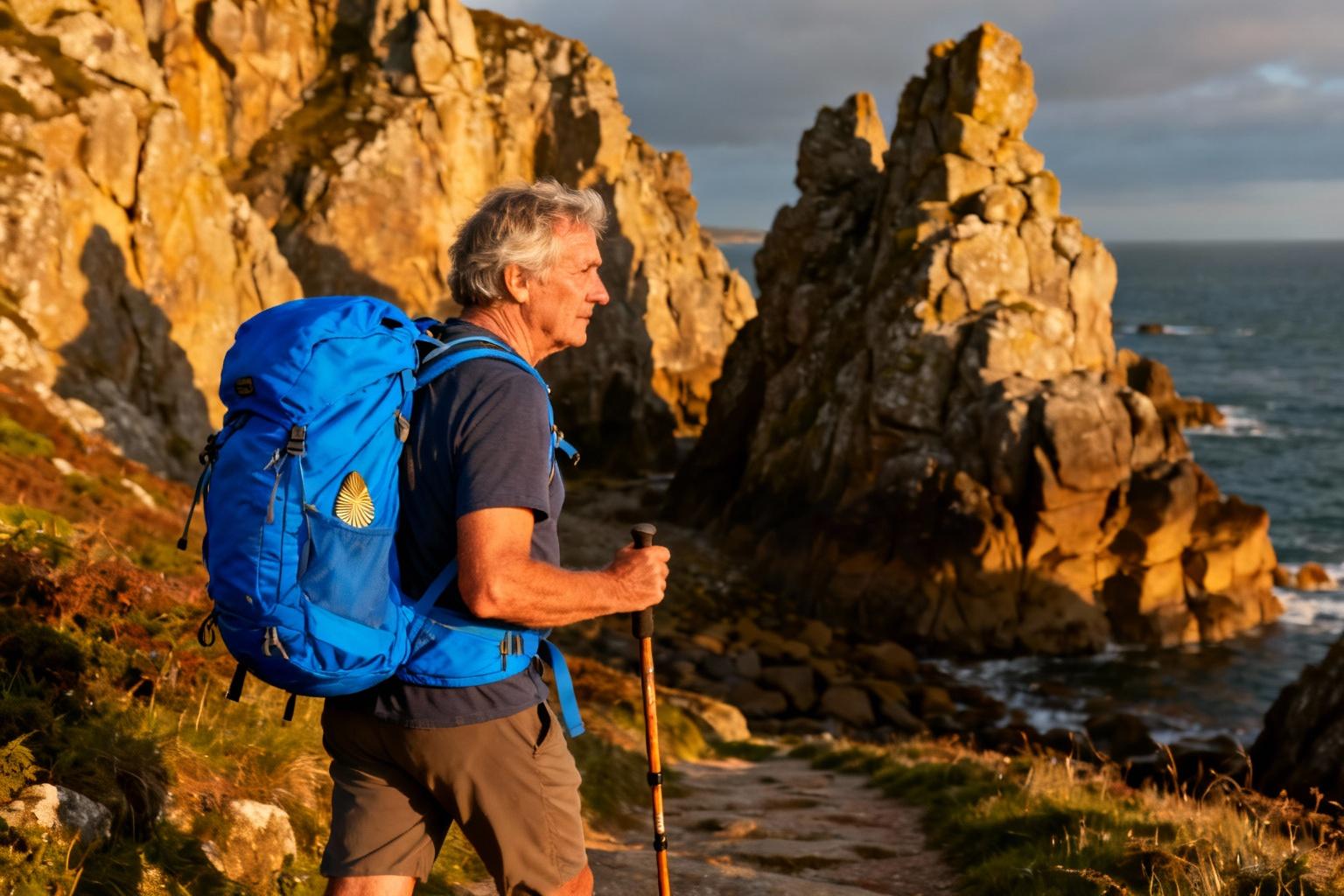 Pèlerin de 55 ans avec un sac à dos bleu vif marchant sur un chemin côtier en Bretagne avec des formations rocheuses spectaculaires