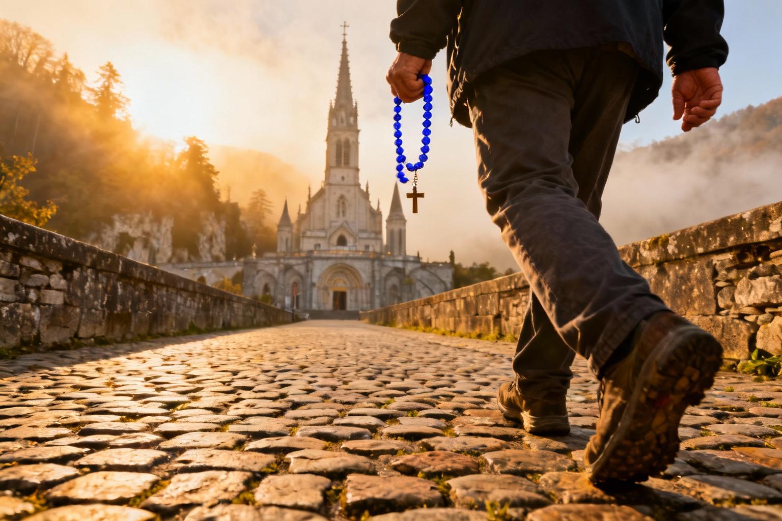 Pèlerin européen marchant sur un chemin de pierre ancien vers la basilique de Lourdes, tenant un rosaire bleu vibrant