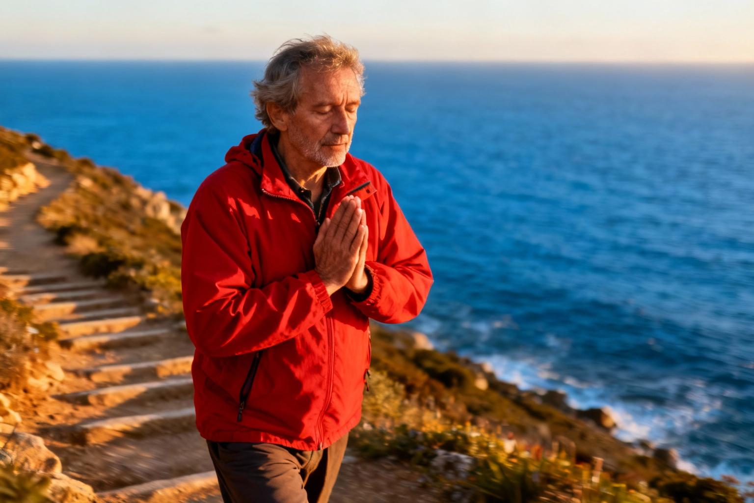 Homme âgé en veste rouge marchant lentement sur un sentier côtier au coucher du soleil, les yeux fermés en méditation