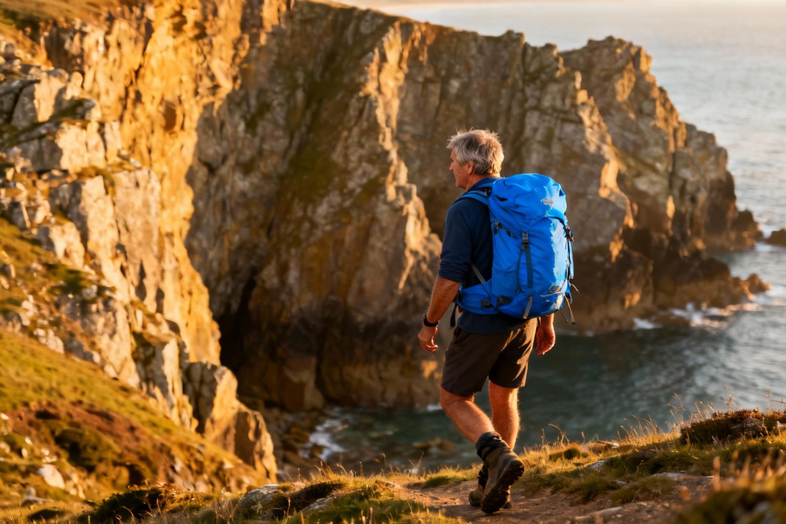 Randonneur de 55 ans avec sac à dos bleu marchant sur un sentier côtier breton avec falaises en arrière-plan