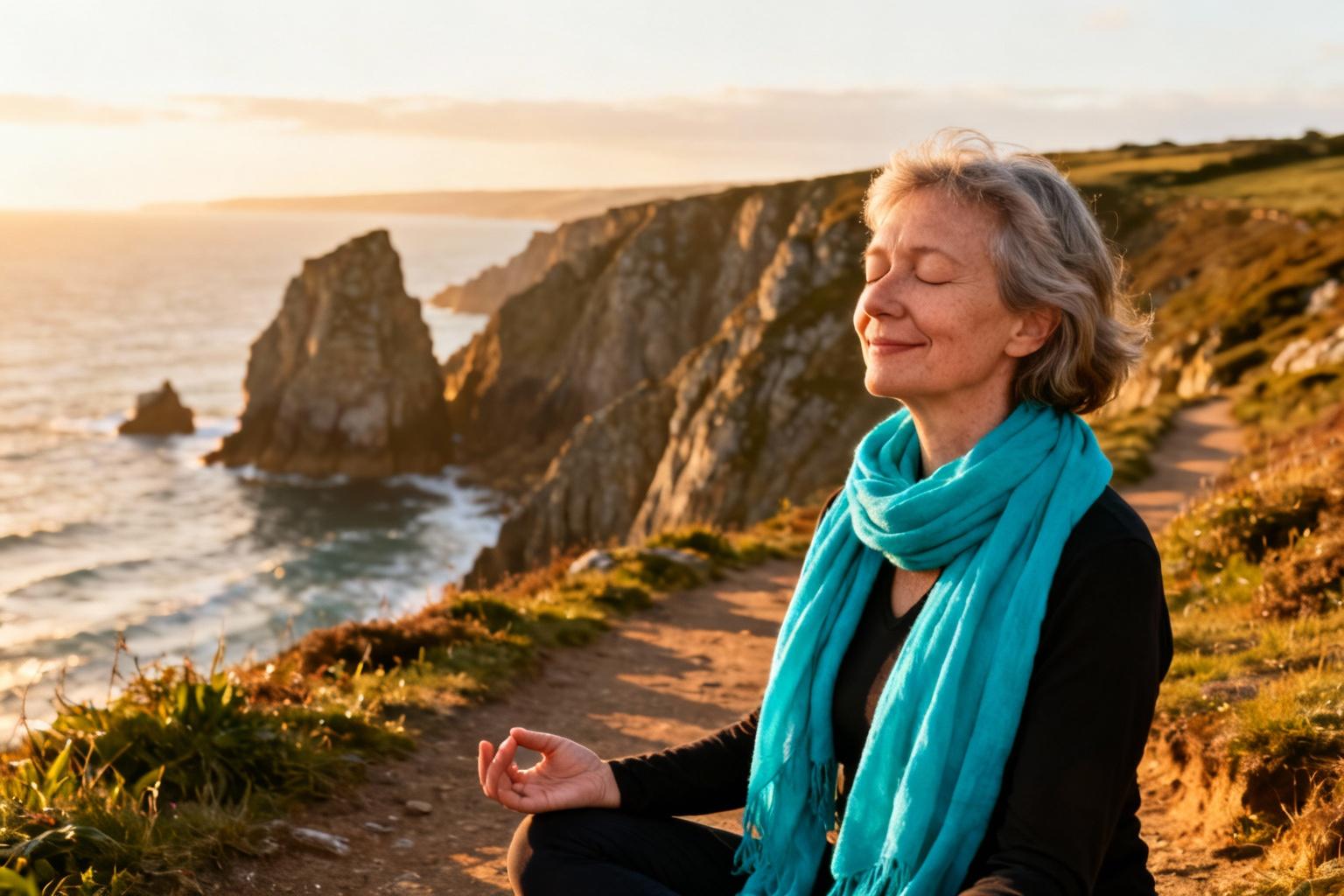 Femme de 55 ans méditant paisiblement sur un sentier côtier en Bretagne, portant une écharpe turquoise, paysage de falaises en arrière-plan