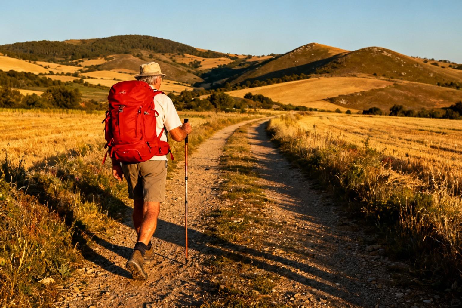 Pèlerin âgé avec sac à dos rouge marchant sur le chemin de Compostelle dans la campagne française à l'heure dorée