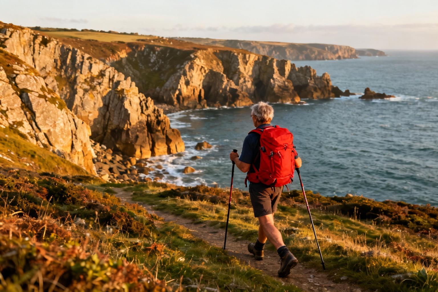 Randonneur de 55 ans marchant sur un sentier côtier en Bretagne avec un sac à dos rouge vif et des bâtons de marche