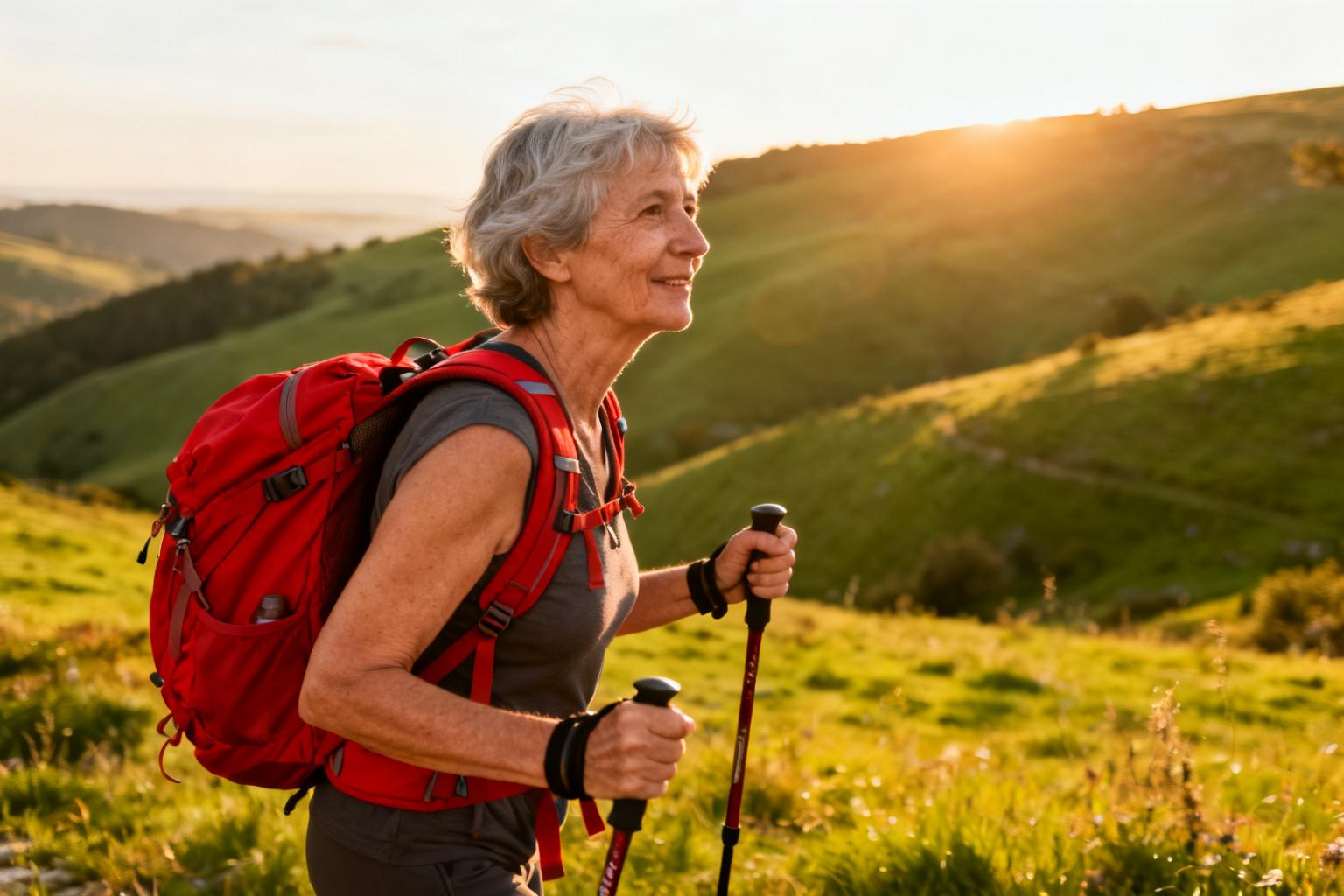 Femme de 60 ans avec sac à dos rouge randonnant sur le chemin de Compostelle, paysage de collines verdoyantes