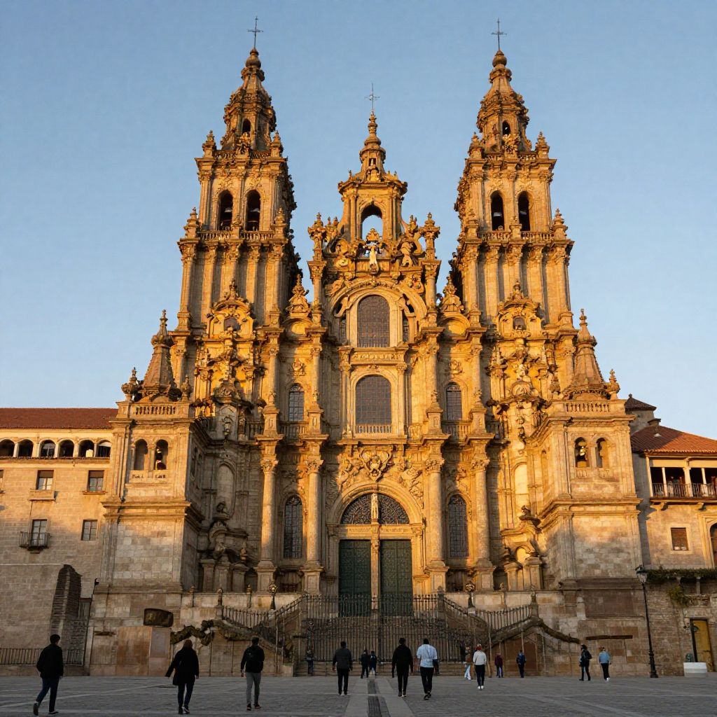 Cathédrale de Santiago de Compostela place Obradoiro au coucher du soleil