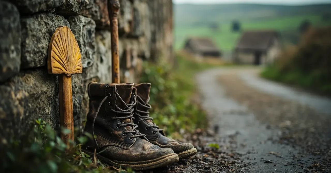 Chaussures de pèlerin et bâton posés contre mur calcaire