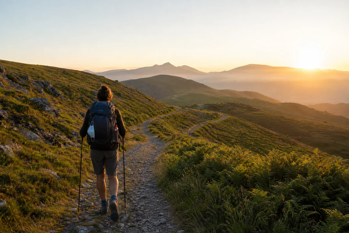 A pilgrim walks at dawn along a quiet Camino Francés path through green hills with a backpack and walking poles.