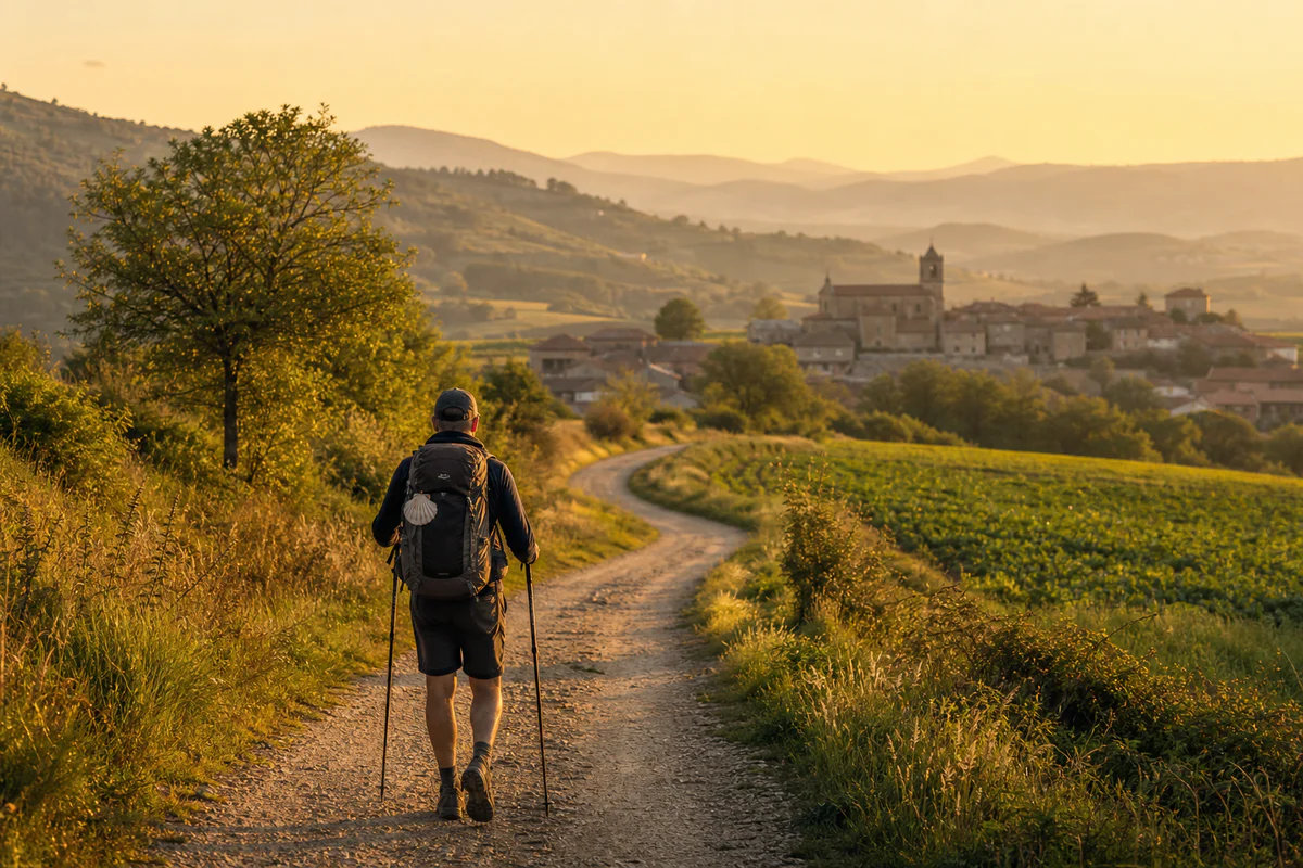 A pilgrim with a backpack walking at dawn on a rural Camino Francés path toward Santiago de Compostela.