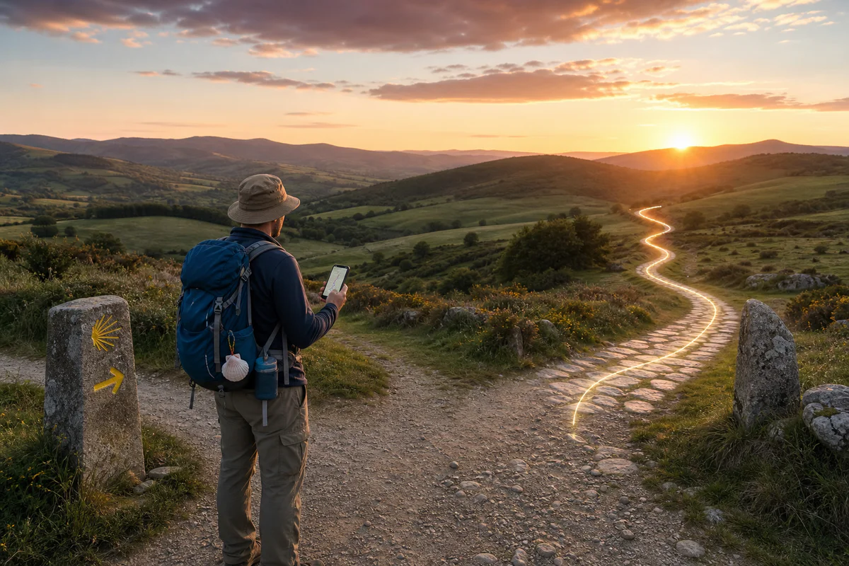 A pilgrim checks a GPX route on a phone at a quiet Camino Francés path junction at sunrise.