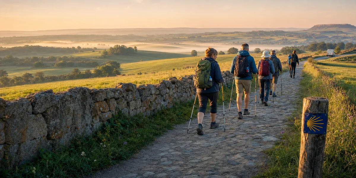 A small group of pilgrims walking at sunrise on a quiet Camino de Santiago path with countryside and a subtle support vehicle