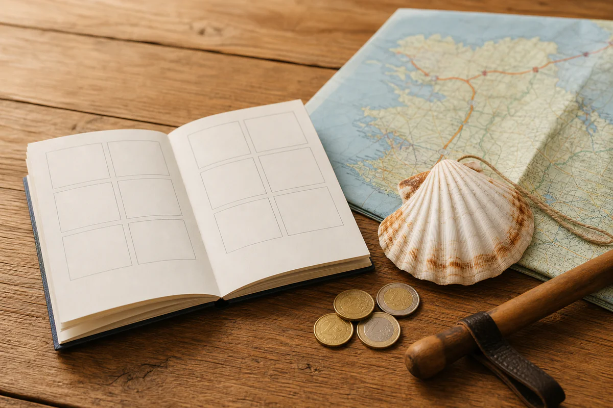 Credential booklet for the Camino de Santiago with a scallop shell, map and euro coins on a wooden table.