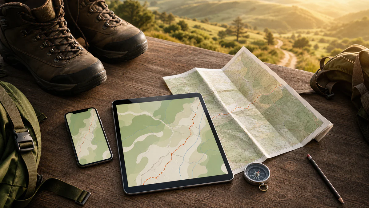 Hiking gear, map, compass and digital route planning tools prepared for a long-distance GR 653 pilgrimage walk.