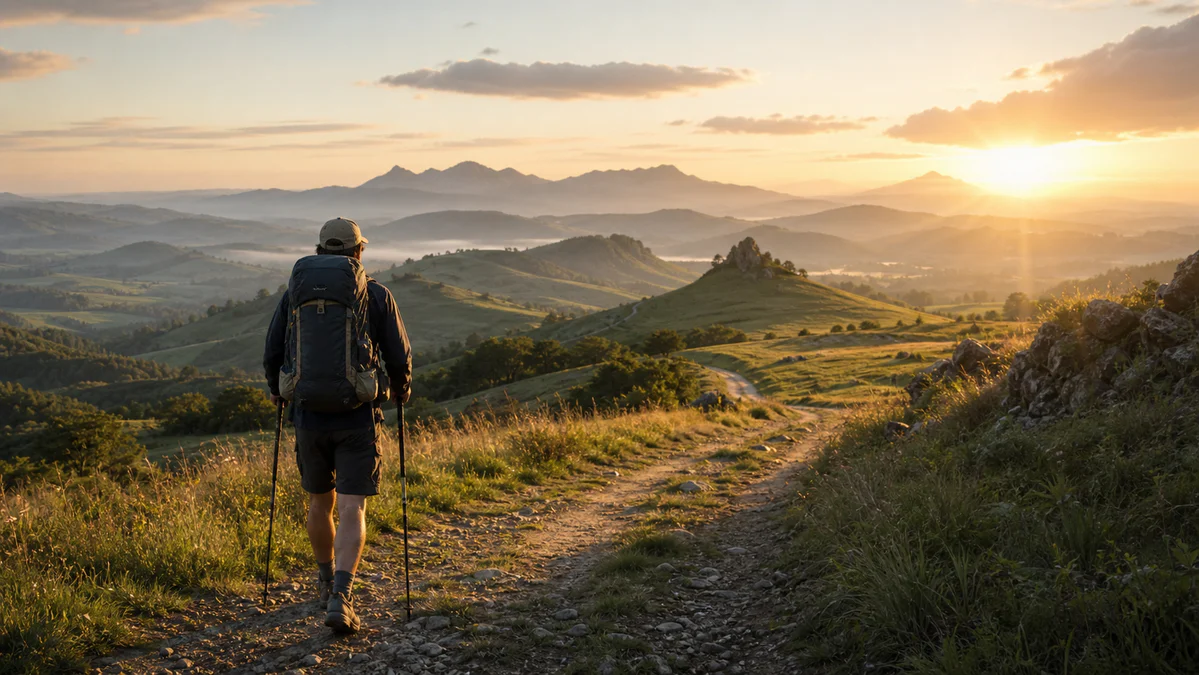 A pilgrim with a backpack walks along a misty rural path in the French countryside at sunrise, evoking the Via Podiensis rout