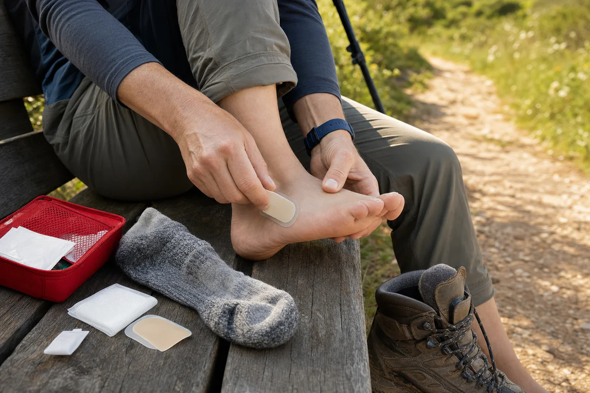 A walker on a hiking trail treats a foot blister with clean supplies beside a boot and first-aid kit.