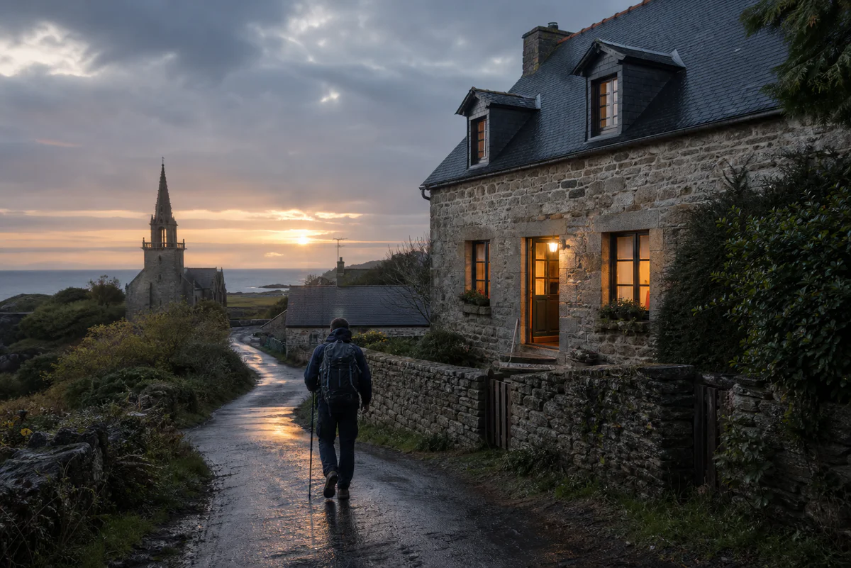 A pilgrim arriving at a warm countryside lodging in Brittany at dusk after a day on the Tro Breizh route.