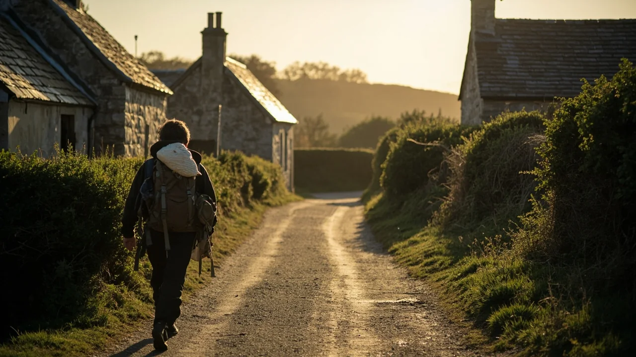 Pèlerin marchant dans un village breton