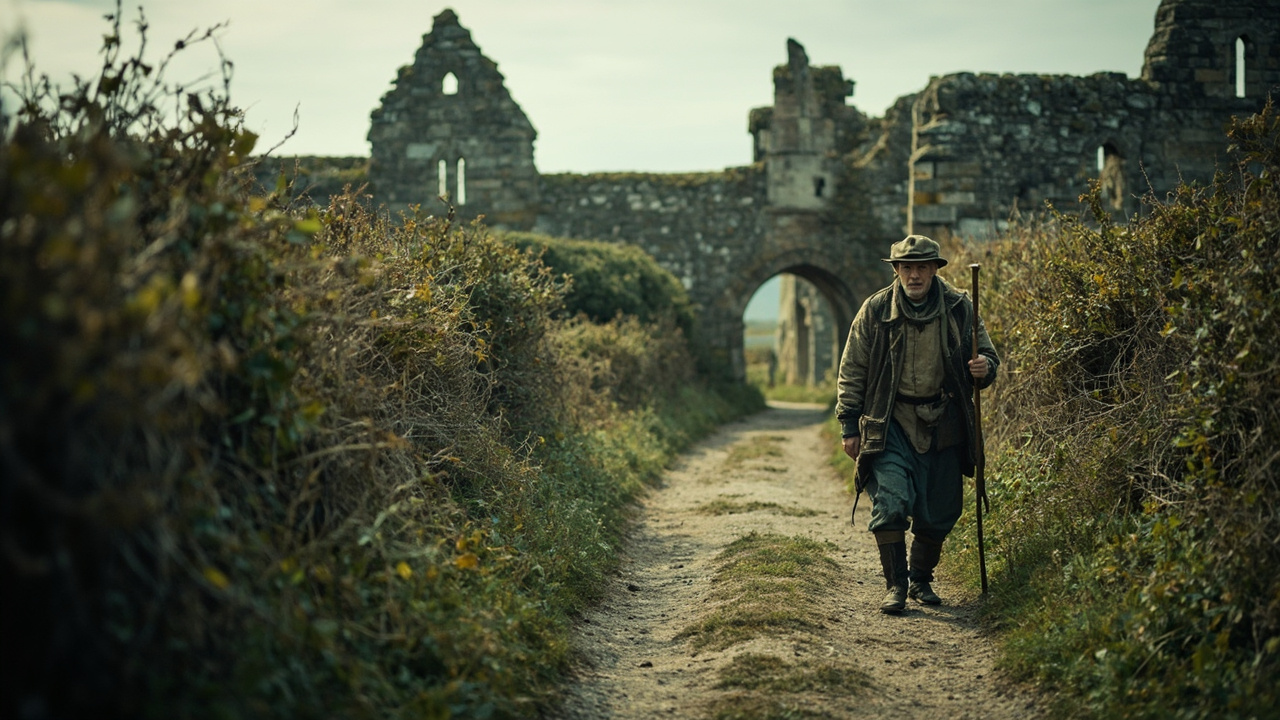 Pèlerin devant des ruines médiévales en Bretagne