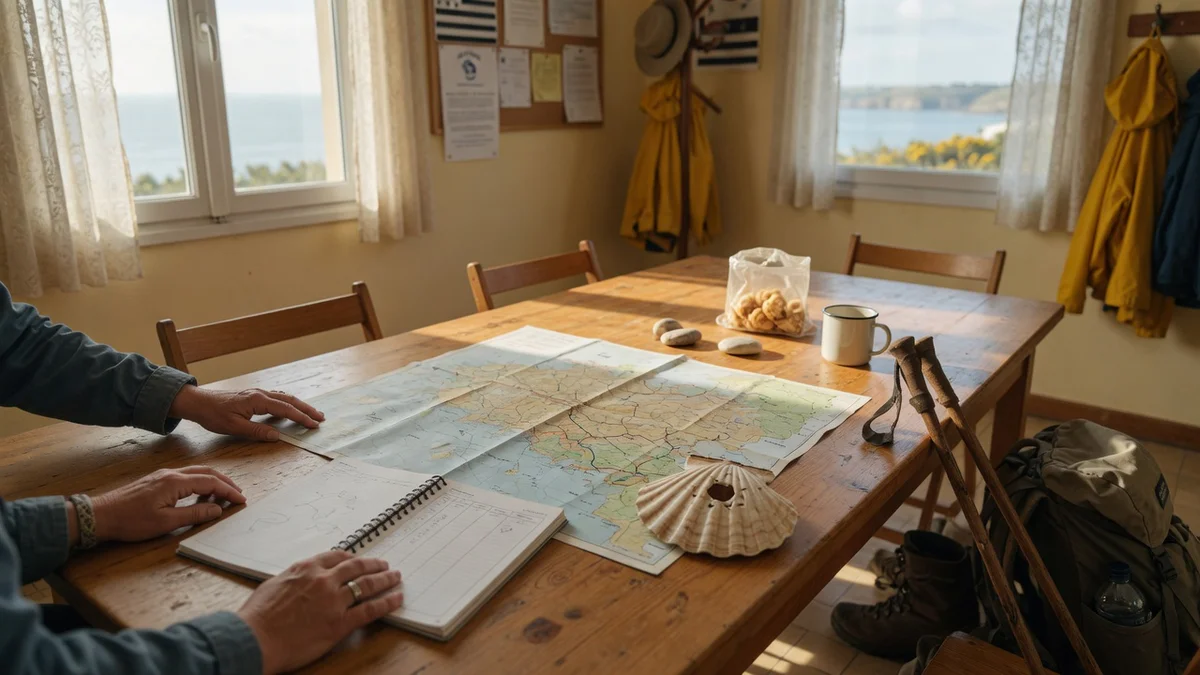Des marcheurs préparent un départ vers Compostelle autour de cartes et d’équipement dans une association jacquaire locale.