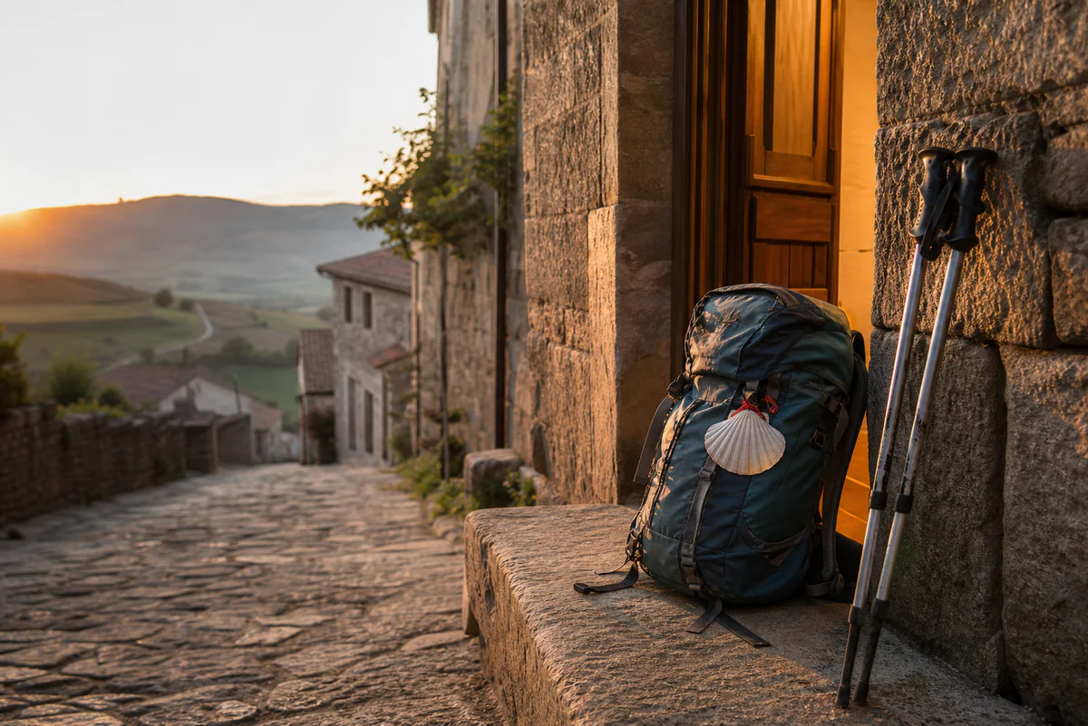 A pilgrim backpack and walking poles beside a welcoming guesthouse doorway on a quiet Camino Francés village street at sunset
