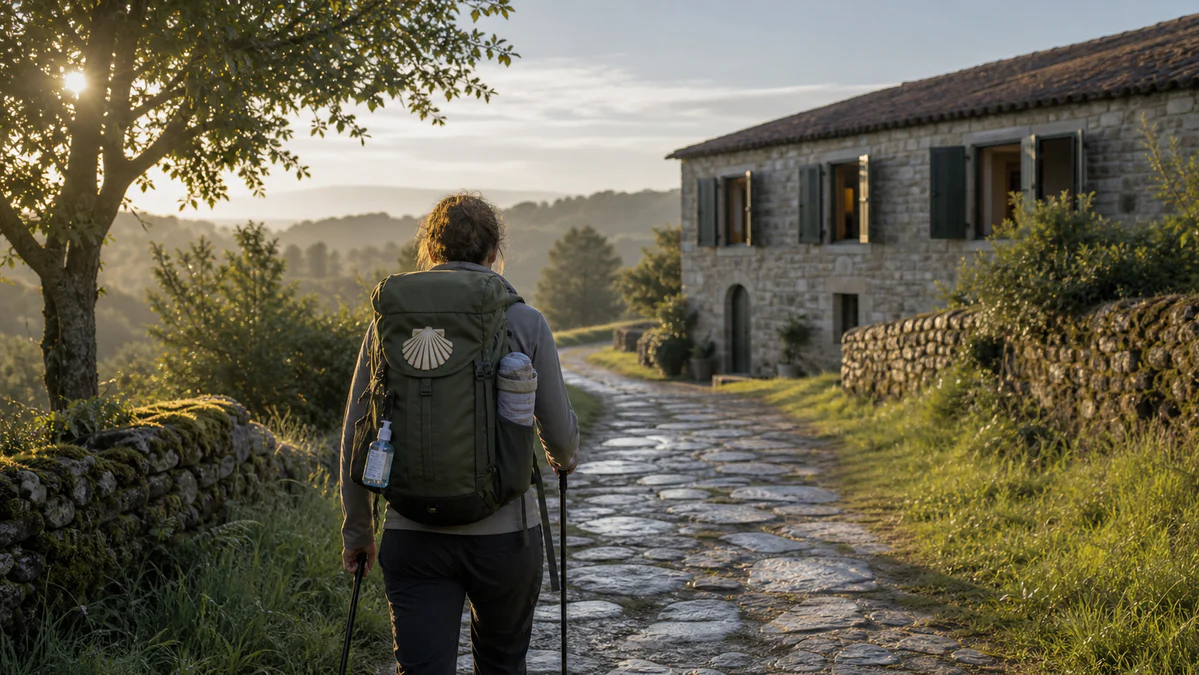 Un pèlerin marche sur un chemin rural vers un hébergement simple, avec des signes discrets de préparation sanitaire post-covi