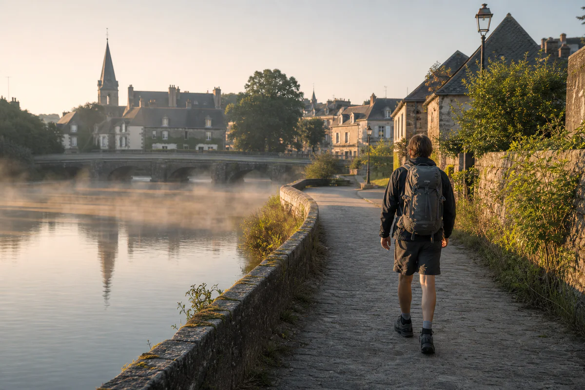 Un pèlerin marche le long des quais calmes de Redon au petit matin, prêt à reprendre le chemin de Compostelle.